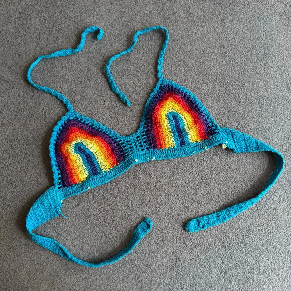 Island Planet Rainbow Crochet Knit Bikini Top Womens Small‎ Festival Boho